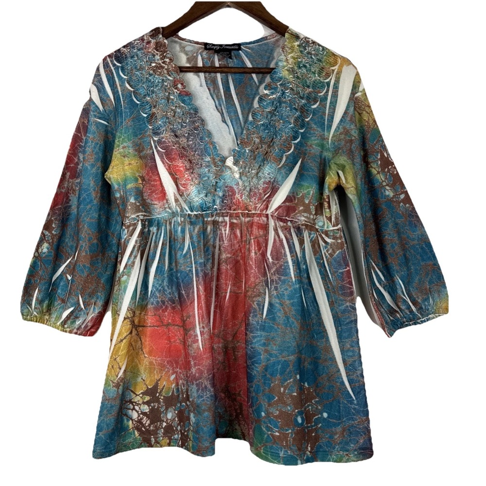 Y2K 2000s Top Womens Large‎ XL Colorful Vibrant Babydoll Boho Tunic Blouse